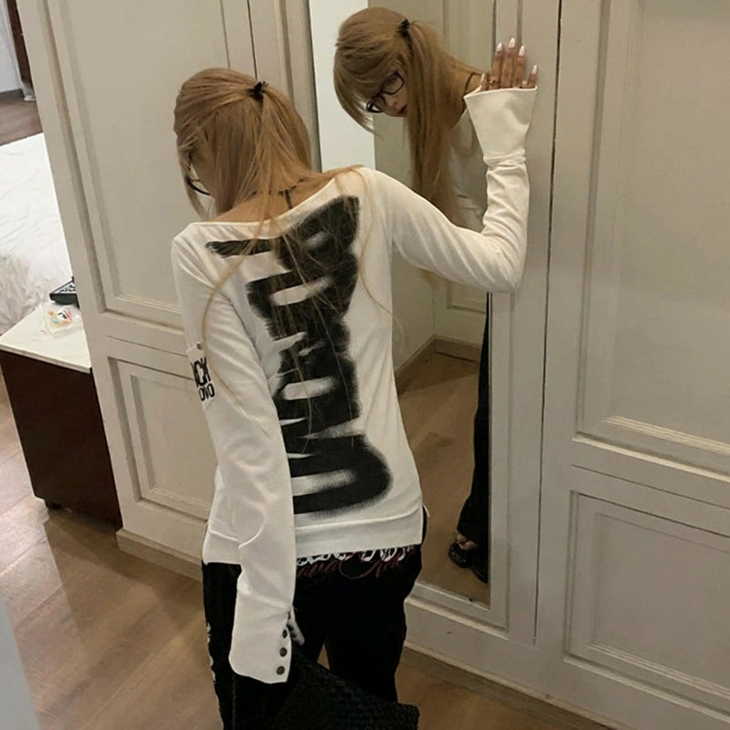 American Retro Print T-Shirt Women Long Sleece Button Graphic Tops Y2K Tops 2000S Japanese Grunge Tops E-Girls Autumn