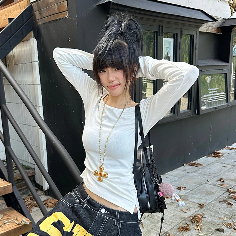 American Retro Print T-Shirt Women Long Sleece Button Graphic Tops Y2K Tops 2000S Japanese Grunge Tops E-Girls Autumn