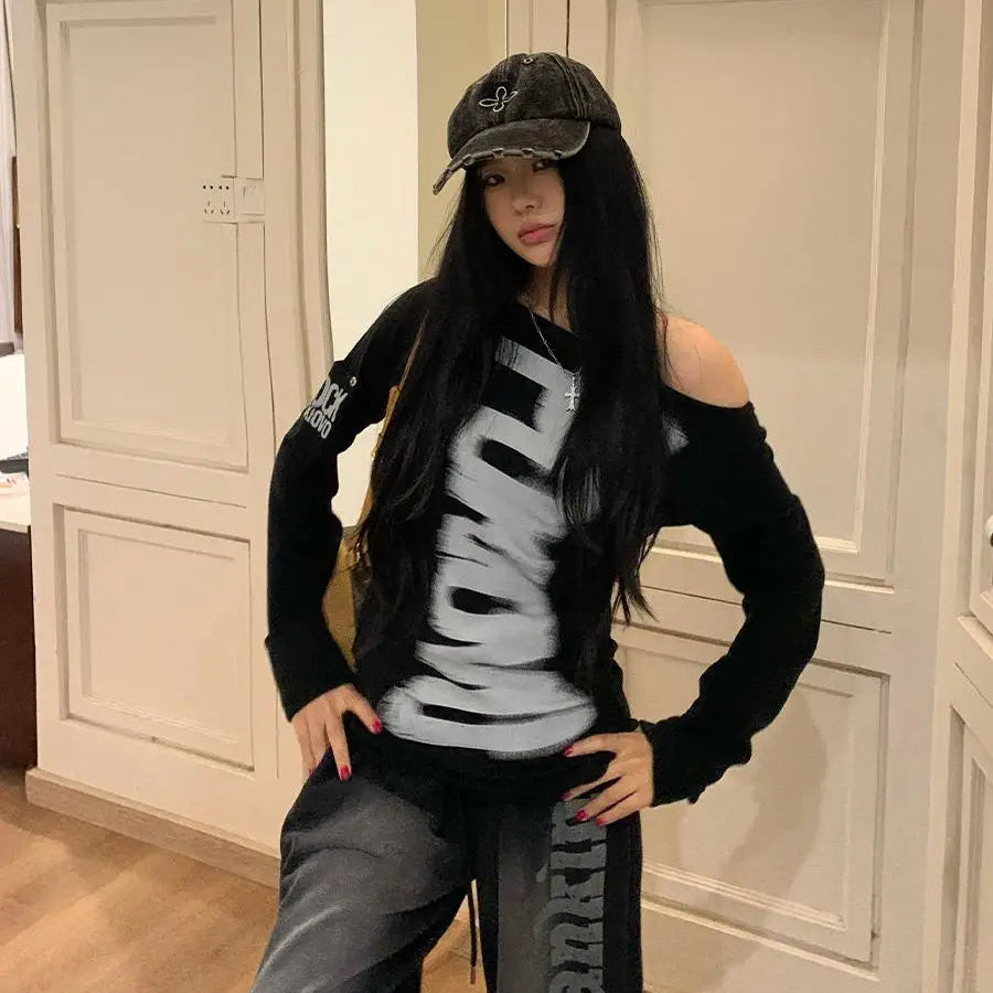 American Retro Print T-Shirt Women Long Sleece Button Graphic Tops Y2K Tops 2000S Japanese Grunge Tops E-Girls Autumn