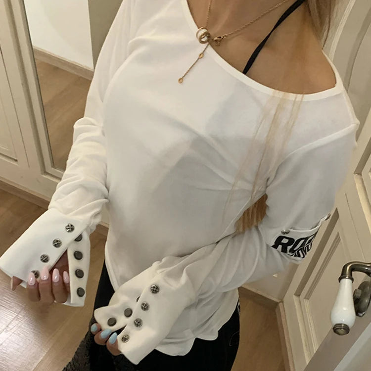 American Retro Print T-Shirt Women Long Sleece Button Graphic Tops Y2K Tops 2000S Japanese Grunge Tops E-Girls Autumn